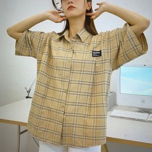 Shein DAZY Tartan print letter patched blouse